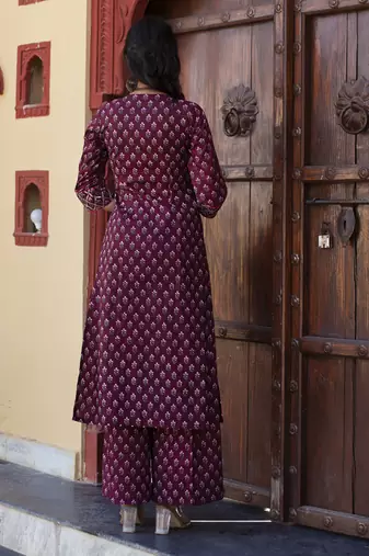Wine cotton printed kurta set