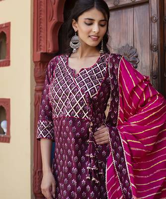 Wine cotton printed kurta set 3