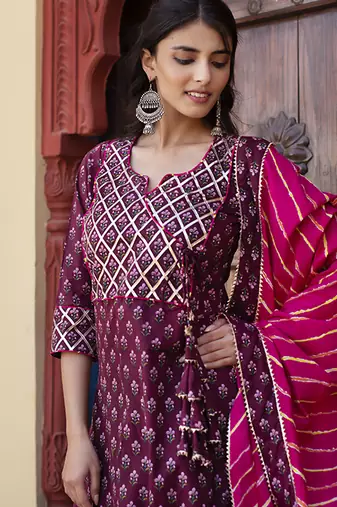 Wine cotton printed kurta set
