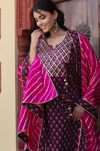 Wine cotton printed kurta set