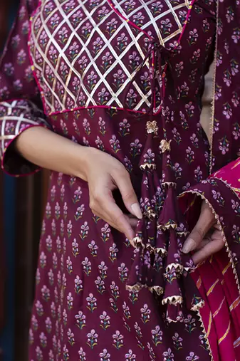 Wine cotton printed kurta set