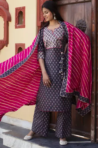 Blue cotton printed kurta set