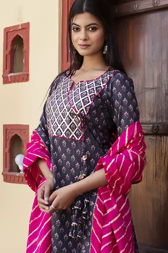 Blue cotton printed kurta set