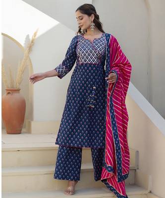 Blue cotton printed kurta set 1