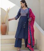 Blue cotton printed kurta set