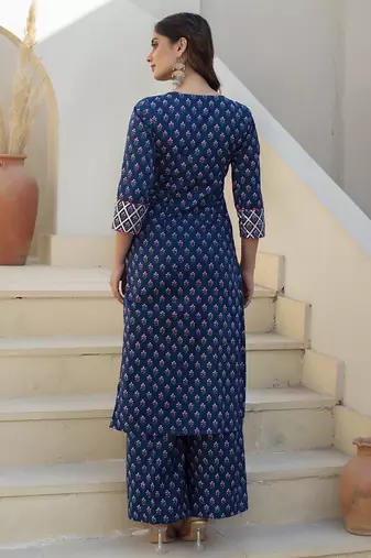 Blue cotton printed kurta set