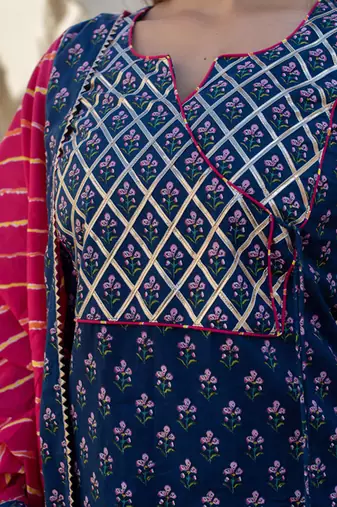 Blue cotton printed kurta set