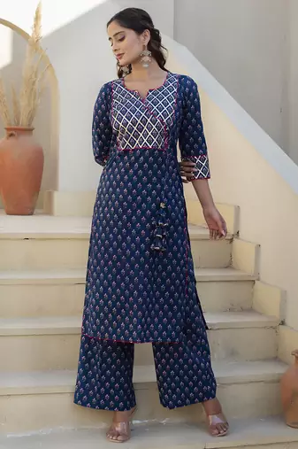 Blue cotton printed kurta set