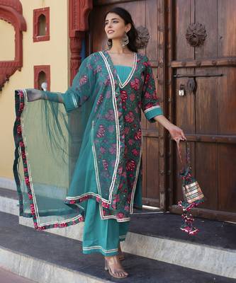 Blue cotton printed kurta set 1