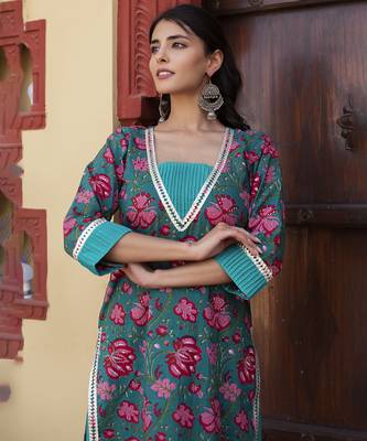 Blue cotton printed kurta set 2
