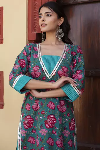 Blue cotton printed kurta set