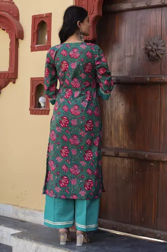 Blue cotton printed kurta set