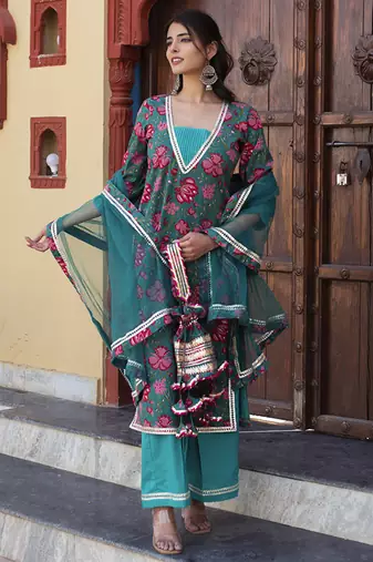 Blue cotton printed kurta set