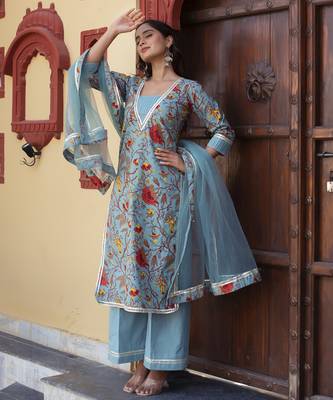 Blue cotton printed kurta set 1