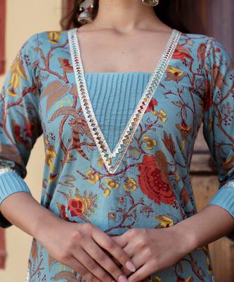 Blue cotton printed kurta set 2