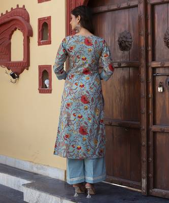 Blue cotton printed kurta set 4
