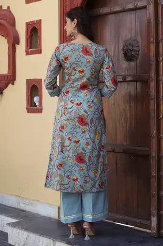 Blue cotton printed kurta set