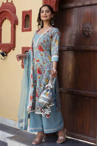 Blue cotton printed kurta set