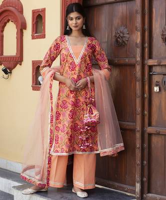 Orange cotton printed kurta set 1