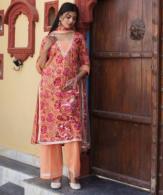 Orange cotton printed kurta set 2