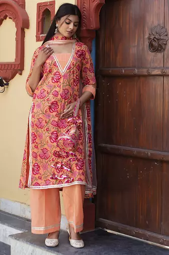 Orange cotton printed kurta set