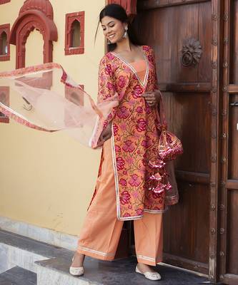Orange cotton printed kurta set 3