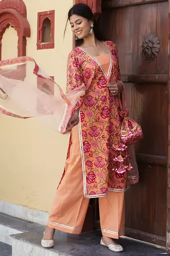 Orange cotton printed kurta set