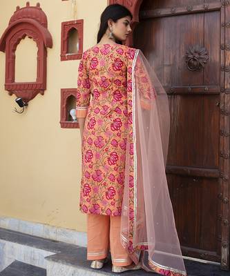Orange cotton printed kurta set 4