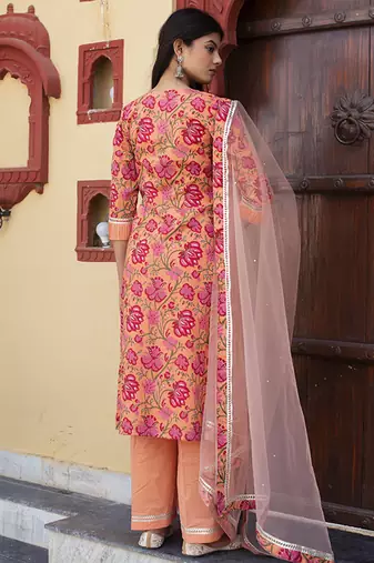 Orange cotton printed kurta set