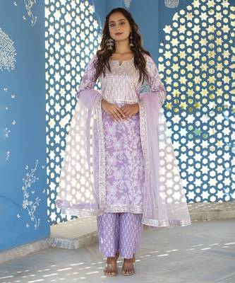 Lilac cotton printed kurta set 1