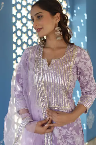 Lilac cotton printed kurta set