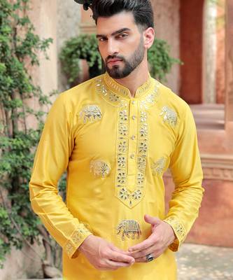 Yellow embroidered cotton silk kurta 1