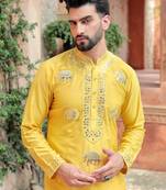 Yellow embroidered cotton silk kurta