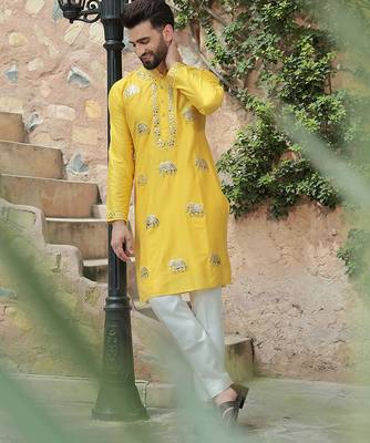 Yellow embroidered cotton silk kurta 2