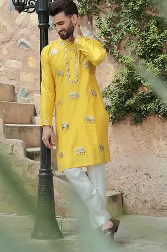 Yellow embroidered cotton silk kurta