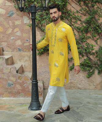 Yellow embroidered cotton silk kurta 3