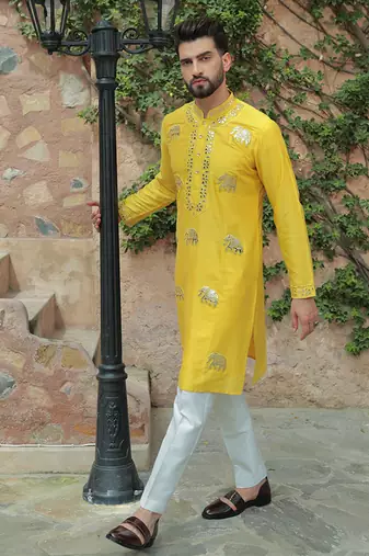 Yellow embroidered cotton silk kurta