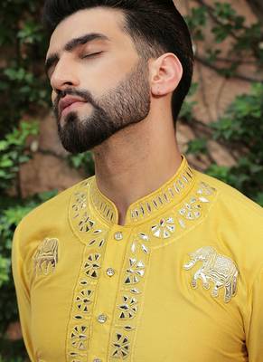 Yellow embroidered cotton silk kurta 4