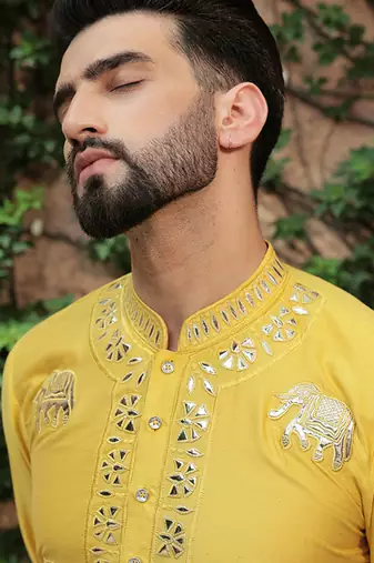 Yellow embroidered cotton silk kurta