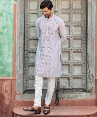 Blue embroidered cotton silk kurta 1
