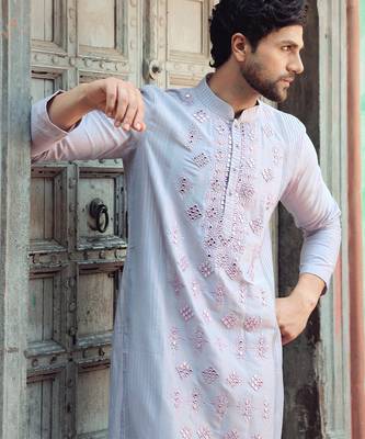 Blue embroidered cotton silk kurta 2