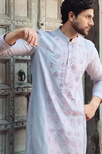 Blue embroidered cotton silk kurta