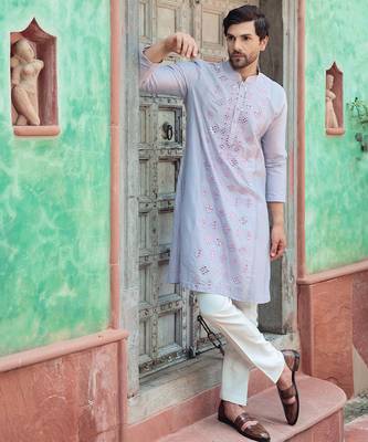 Blue embroidered cotton silk kurta 3