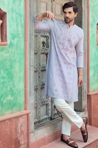Blue embroidered cotton silk kurta
