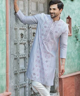 Blue embroidered cotton silk kurta 4