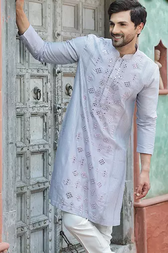Blue embroidered cotton silk kurta