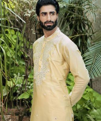 Yellow embroidered cotton silk kurta 1
