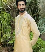 Yellow embroidered cotton silk kurta