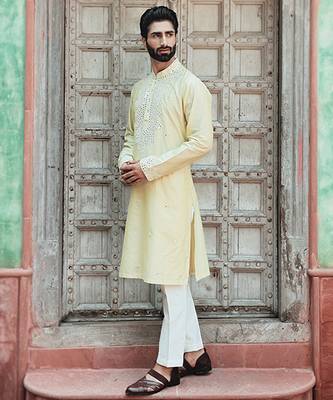 Yellow embroidered cotton silk kurta 2