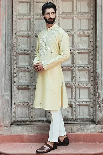 Yellow embroidered cotton silk kurta